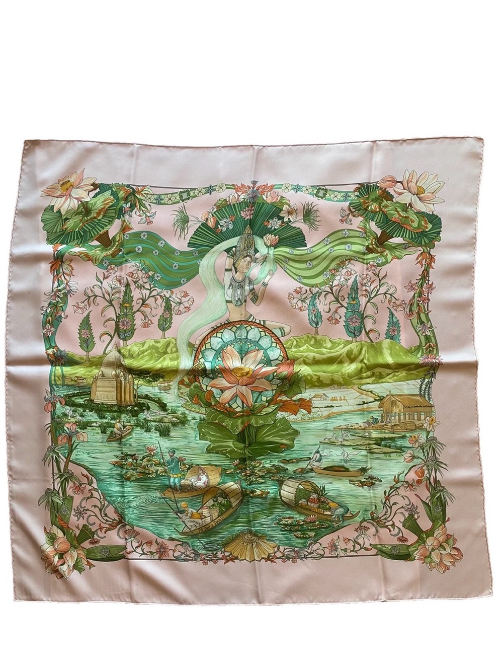 Hermes Pink and Green Silk Scarf with Lotus and River Scene